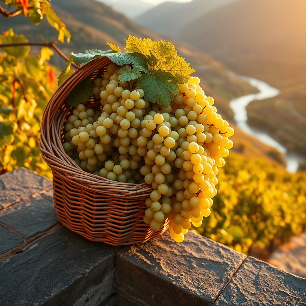 Cesta de uvas godello en un viñedo en bancales de Valdeorras